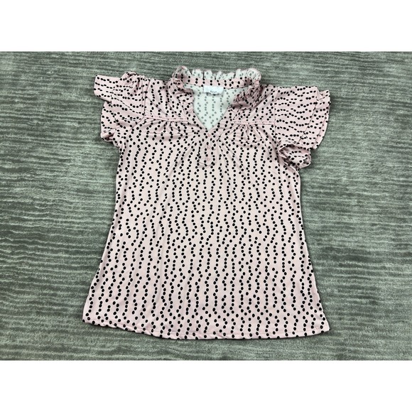 Fyve Tops - Fyve Blouse Womens Small Pink Polka Dot Ruffle Neck Flutter Sleeve Lace Trim Top